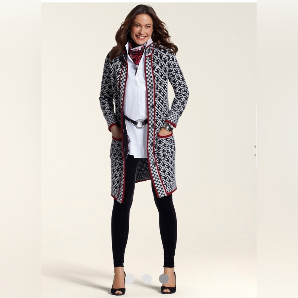 Chico's Women's Silver Black Snap Button Front Long Sleeve cardigan Coat Size XL